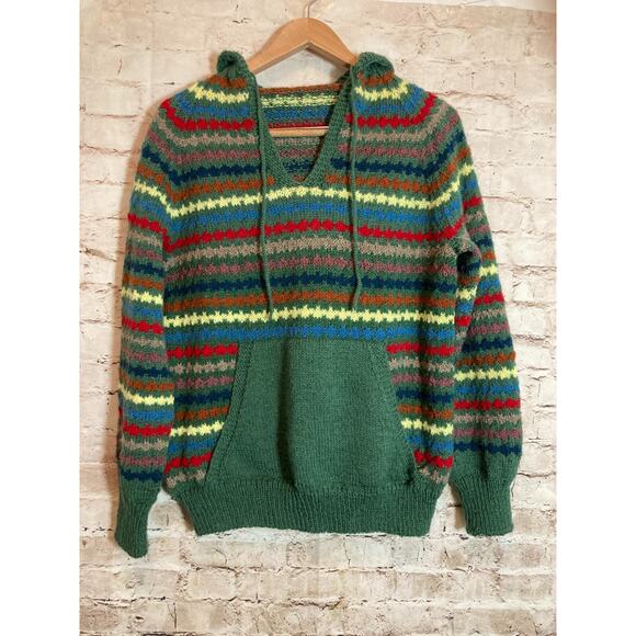 Artsy Sweater Womens XL Colorful Knit Striped Hooded Front Pockets Pullover - Picture 1 of 13